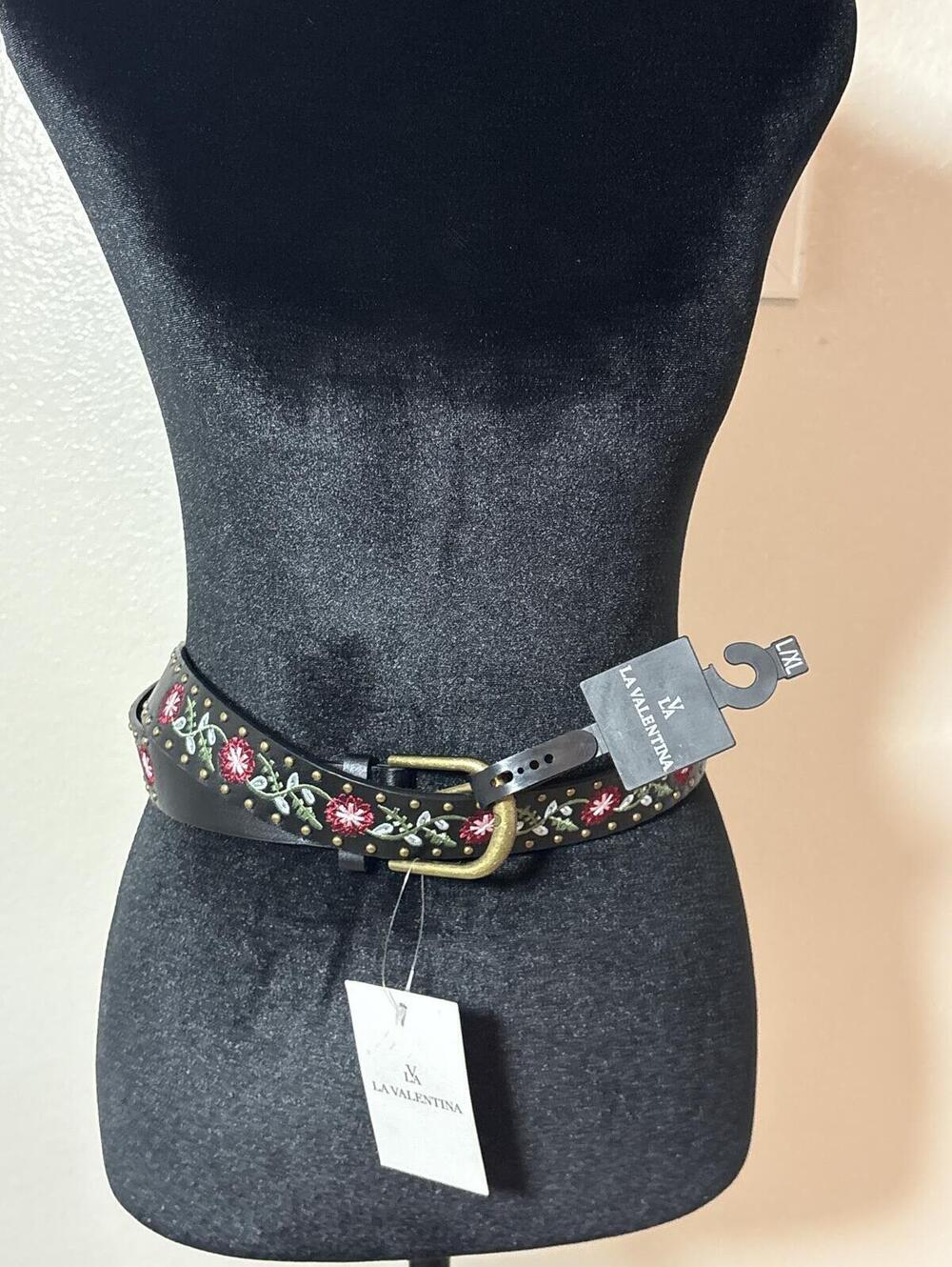 La Valentina L/XL Black Leather Belt with Floral Embroidery and Studs